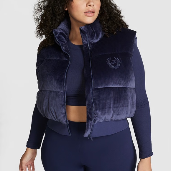 New💙PINK Victoria’s Secret RIB VELOUR CROP PUFFER VEST - Picture 1 of 3
